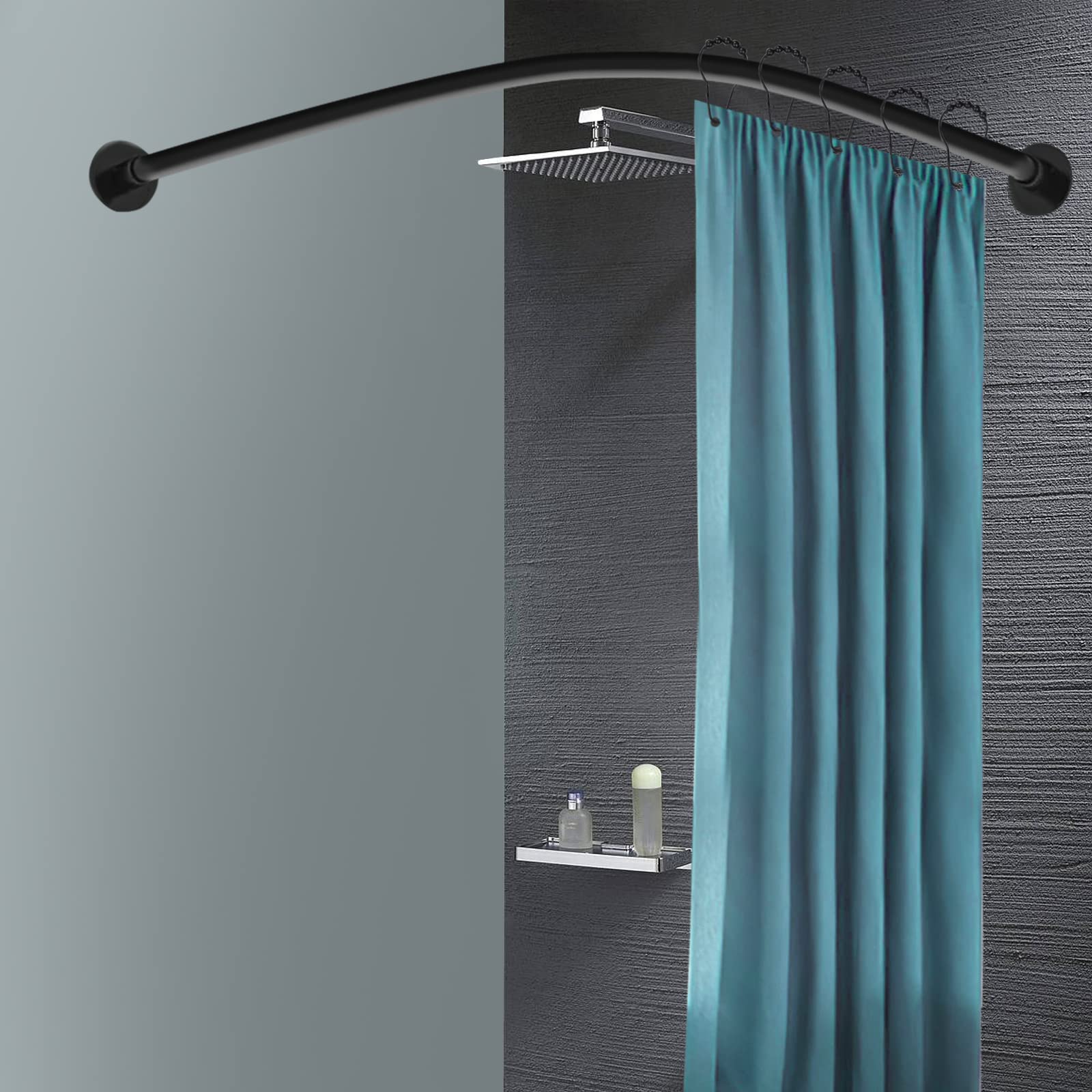 Tringle à rideau de douche en forme de L en acier inoxydable noir extensible pour rideau de douche d'angle pour salle de bain et baignoire, sans perçage