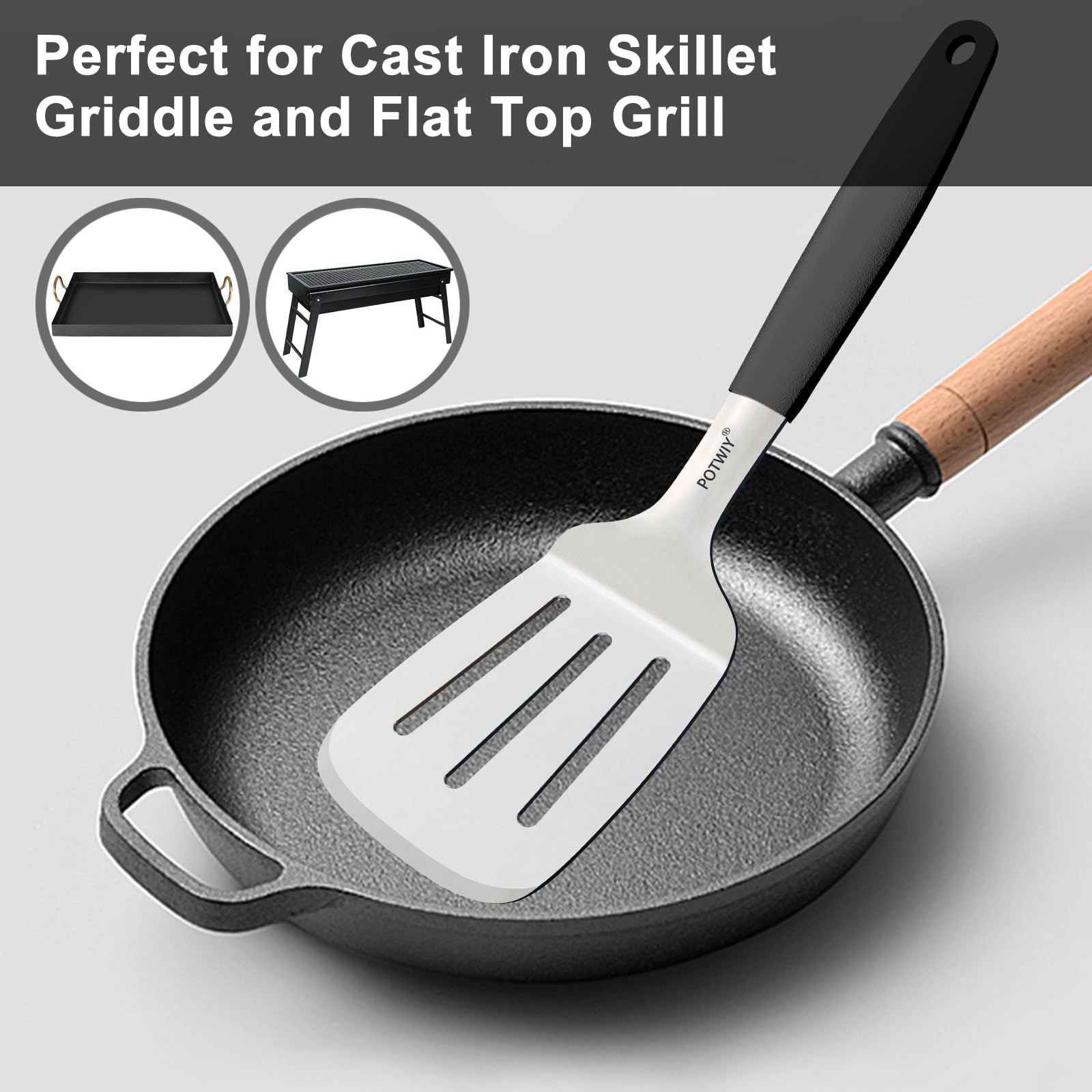 Edelstahl-Kochspatel, großer Metallwender für Gusseisen-Bratpfannen und flache Grills, Silikongriff, robuster Smash-Burger- und Eierspaten, 11,7 x 9,4 cm
