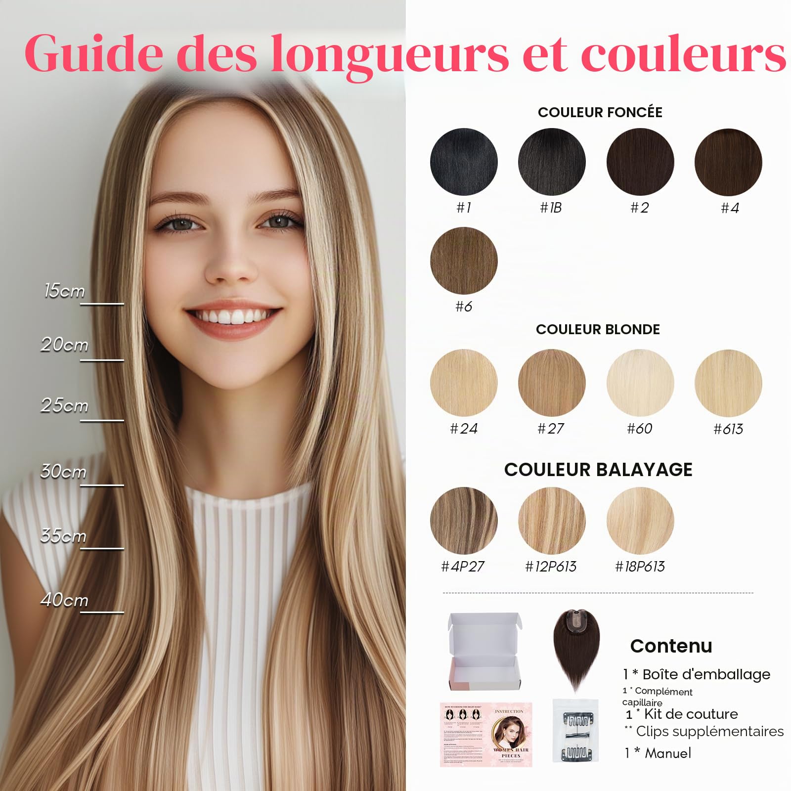 Elailite Volumateur Capillaire Femme Naturel a Clip Cheveux Naturel Toupet Humain (Base 10cm*12cm) 15cm 27g #4+27 MARRON CHOCOLAT MECHE BLOND FONCE