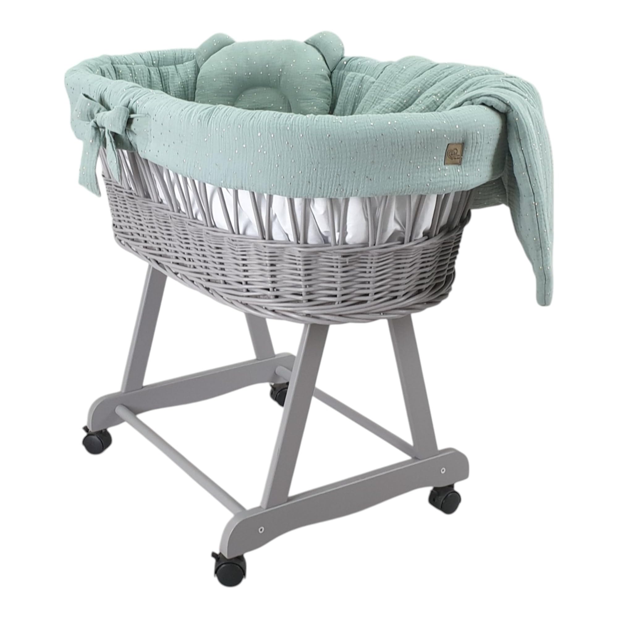 WIKLINOPOL Baby Stubenwagen – Komplettset mit Grauer Moseskorb, Matratze & Bettwäsche aus 100% Baumwolle in Khaki Gold– sicherer Schlafplatz mit Rollen & Bremse – Modell Amelia