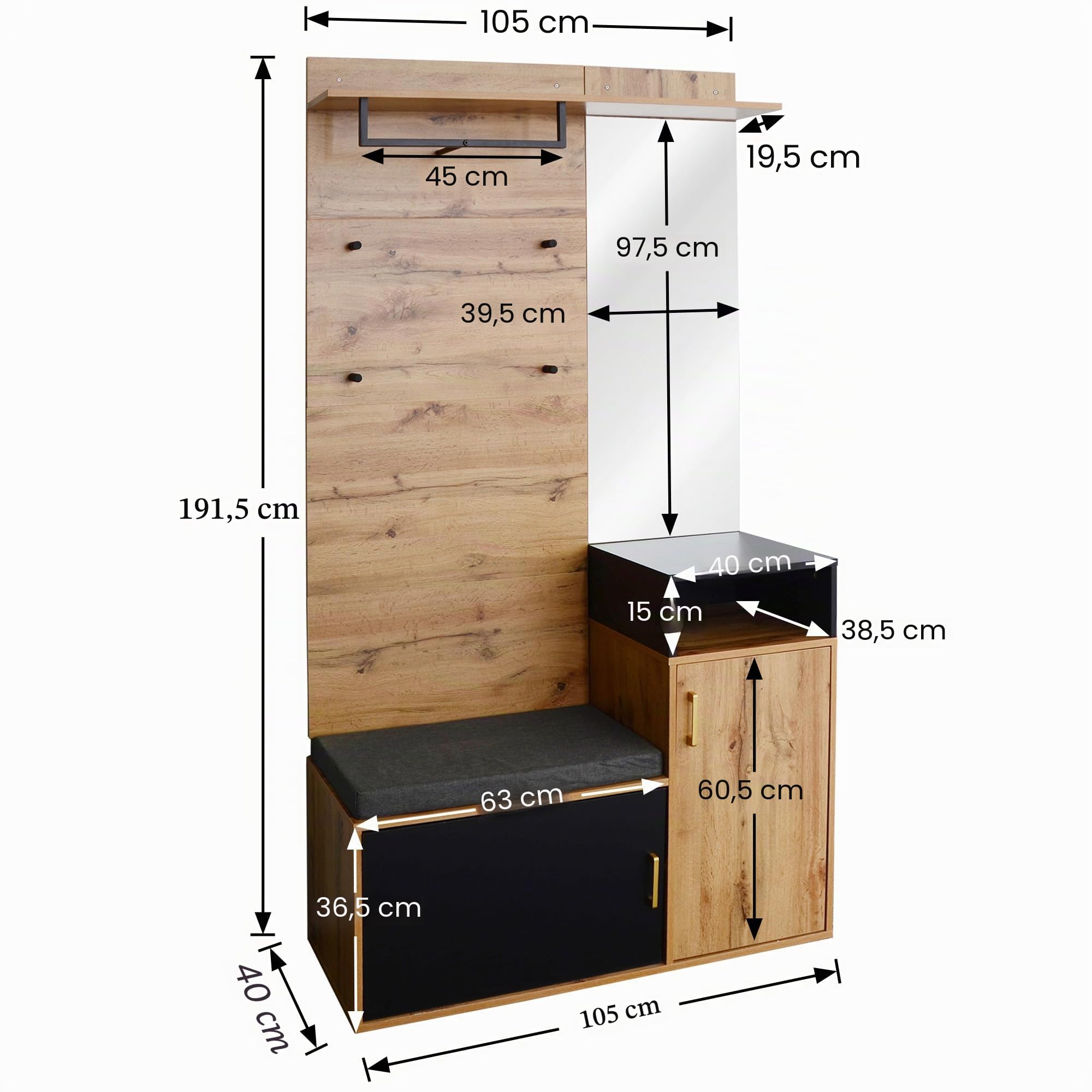 Wiuzo Juego de Perchero, Mueble de Entrada, con 4 Ganchos para Ropa, Espejo, Zapatero, Perchero de Pared, Estante Superior, Perchero de Pasillo, Banco de Almacenamiento, 105x40x191.5cm