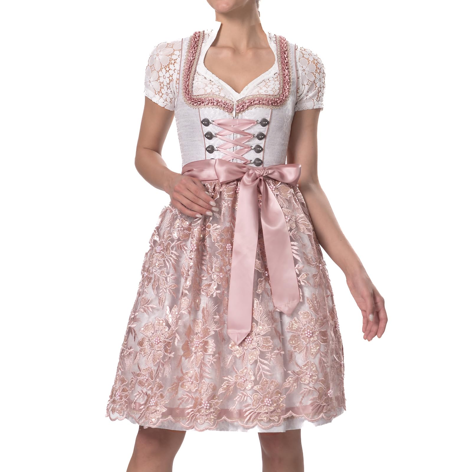 Bavarian Dirndl Rosa Grau Damen 60cm Midi Knielang Mit Spitzenschürze Oktoberfest Hochzeit