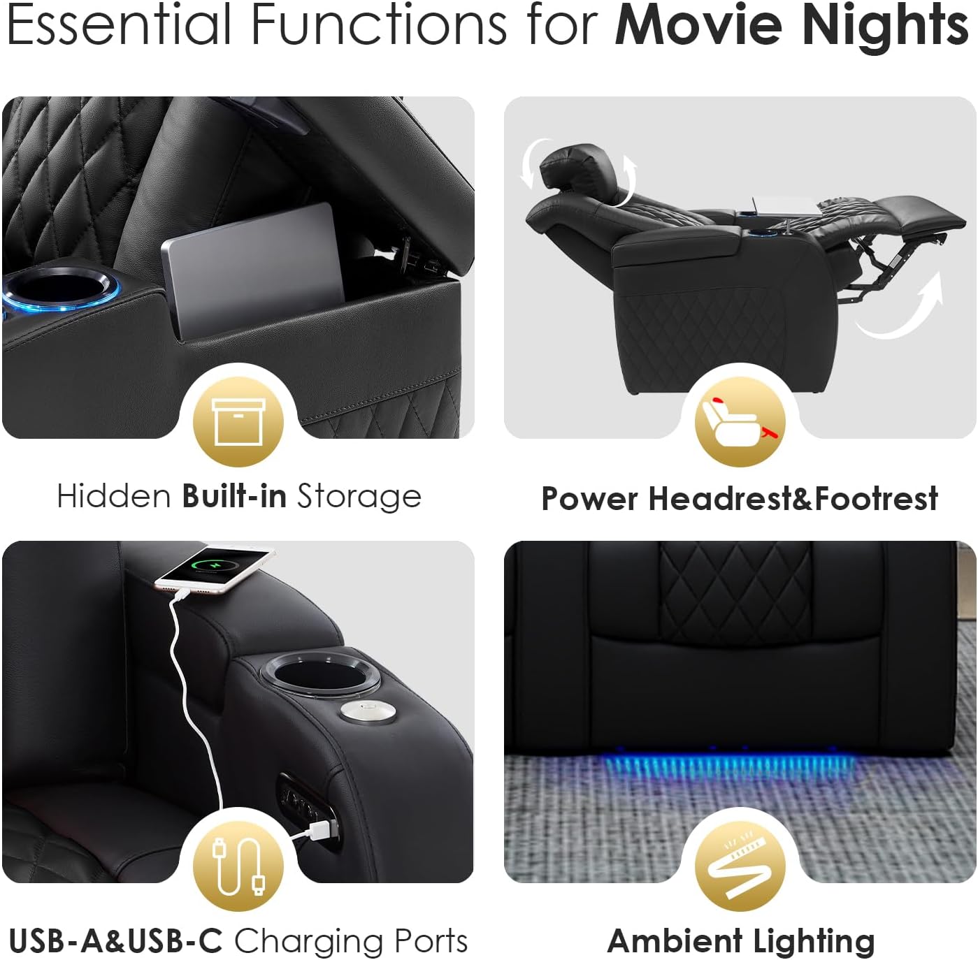 PBRO Home Theater Seating Top Grain Leather Recliner Chair, Movie Theater Chair Sofa with Power Reclining & Headrest USB Charger Ports Ambient Lighting, Black Single Seat for Home