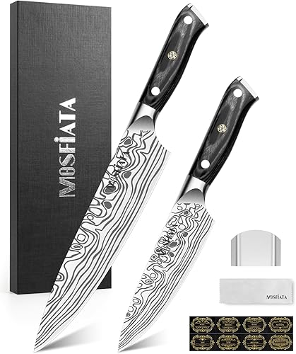 Miniatura 15 de MOSFiATA - Cuchillo de chef profesional súper afilado de 8 pulgadas con protector de dedos y sacapuntas, acero inoxidable alemán de alto carbono