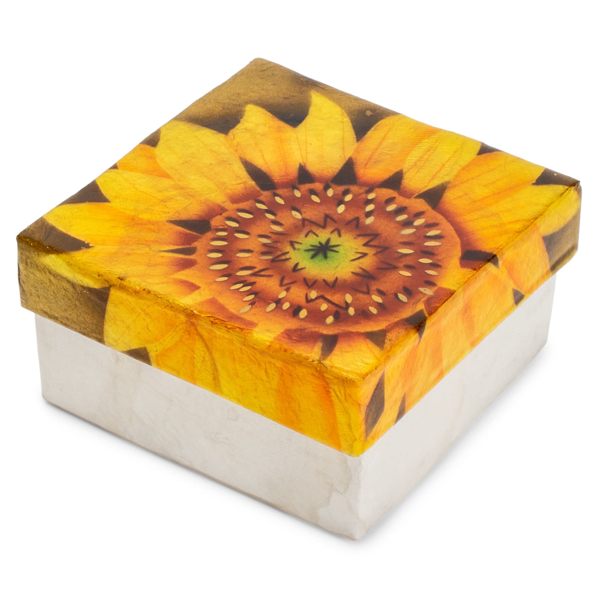 Cottage Garden Hand Painted Iridescent Capiz Shell Square 3 x 3 inch Keepsake Decorative Memory Trinket Jewelry Ring Earring Necklace Organizer Vintage Box with Lid, Bright Yellow Sunflower