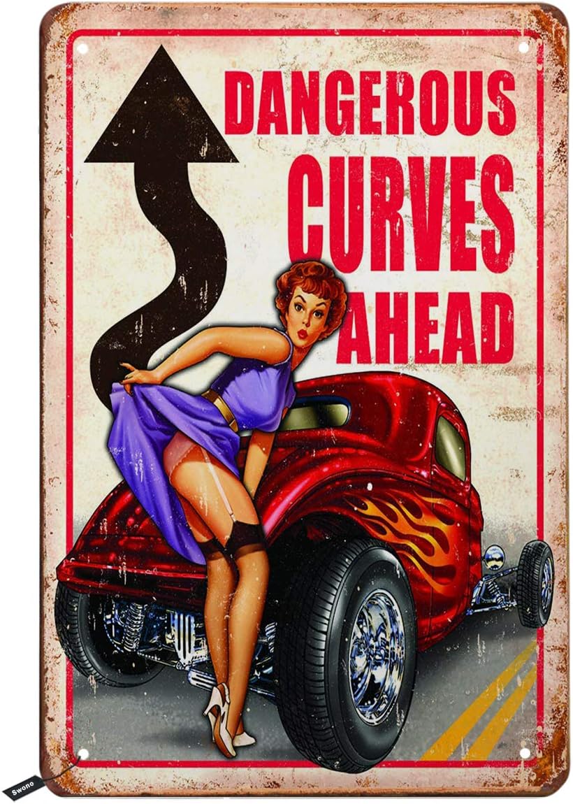 Swono Dangerous Curves Ahead Tin Signs,Pin Up Girl with Red Car Vintage Metal Tin Sign for Men Women,Wall Decor for Bars,Restaurants,Cafes Pubs,12x8 Inch
