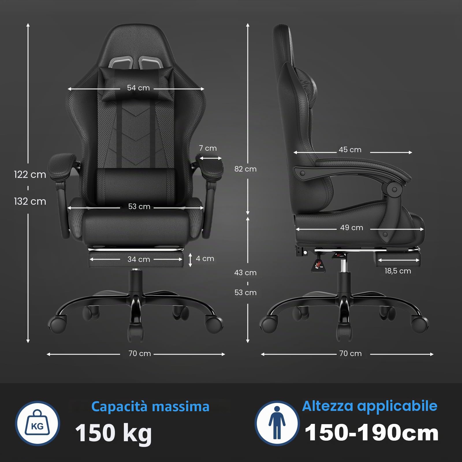 JUMMICO Sedia da gaming da ufficio, ergonomica, con cuscino lombare massaggiante, schienale regolabile 90-135°, e poggiapiedi, capacità di carico 150 kg, colore: nero