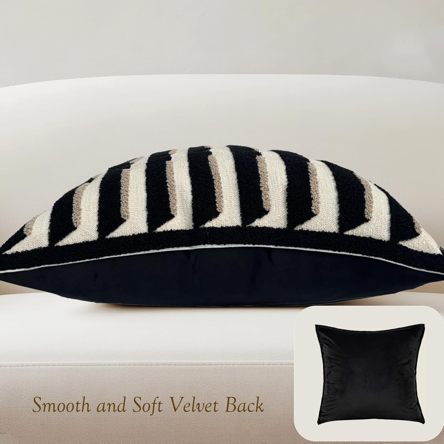 20"x20" Black Cream Stripe Tufted Pillow Covers Luxury Geometric Accent Pillows Soft Woven Decorative Pillow Cases for Couch, Sofa, Bedroom Décor (Black, 20"×20")