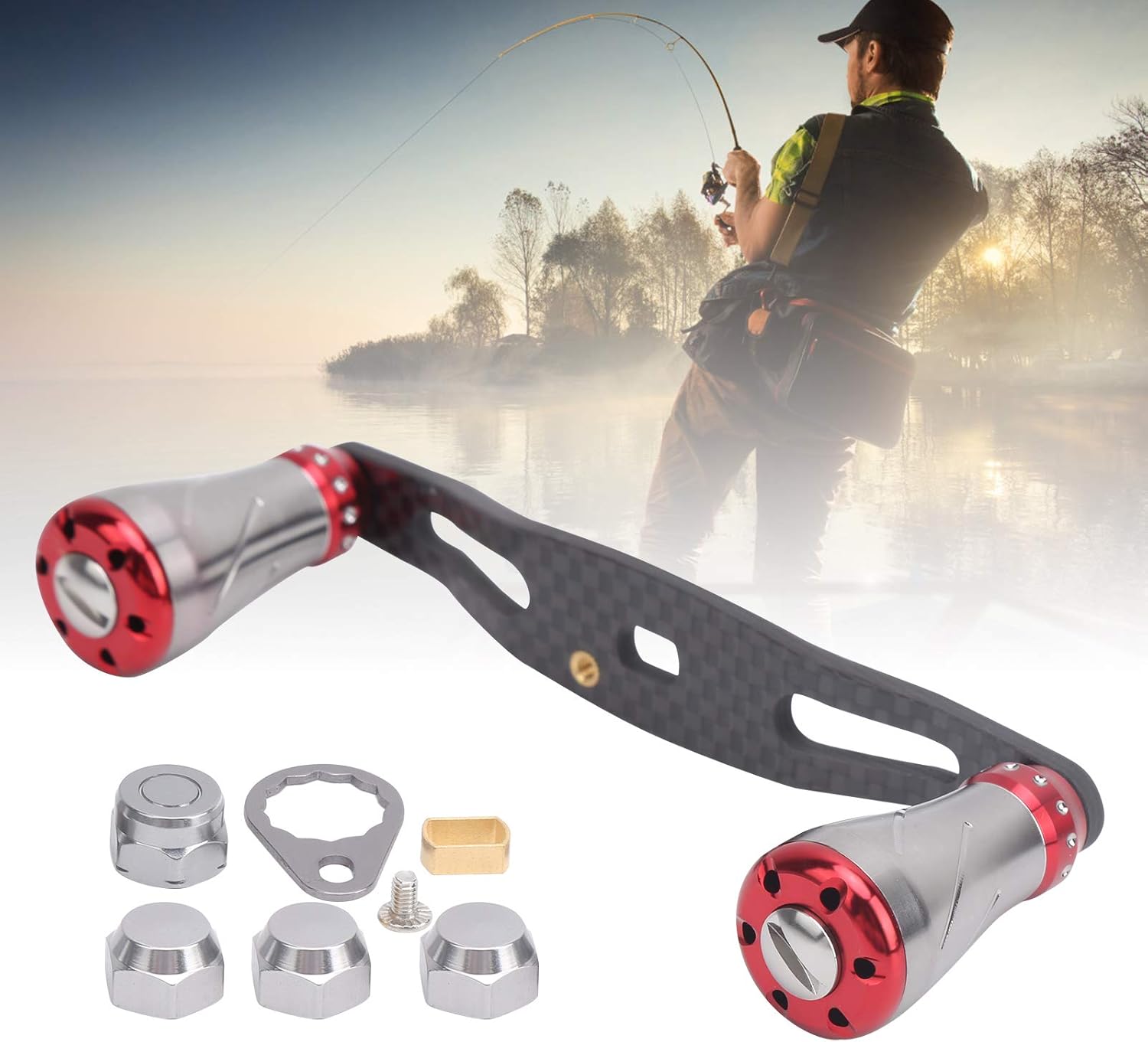 Fishing Reel Handle Knob Replacement, Durable Carbon and Metal Material, Interchangeable Left Right Hand Grip for Bait Fishing Lightweight and Portable Replacement