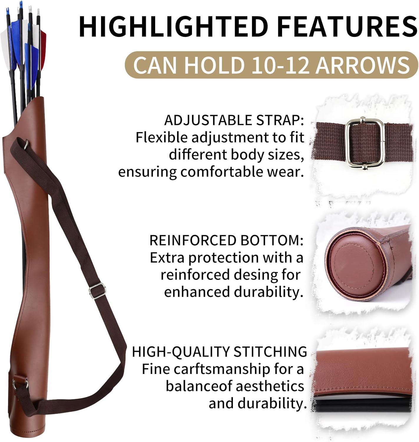 Traditional Archery Quiver, Black, Cowhide and Metal Construction, 24 Inches Long