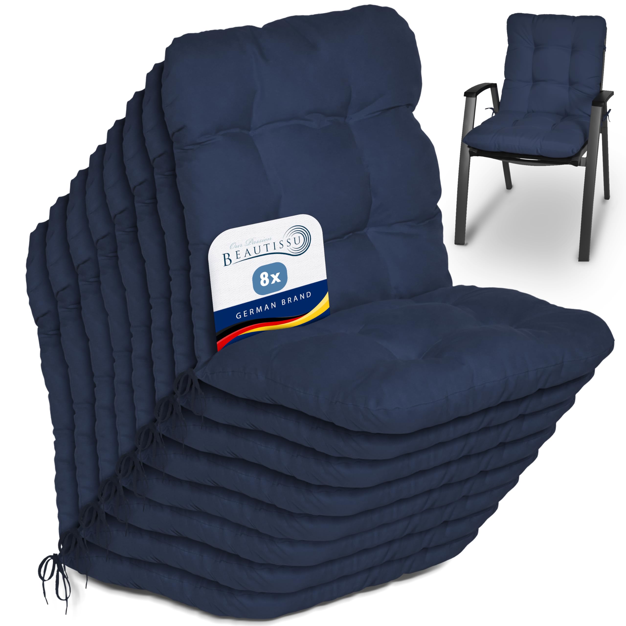 Beautissu Set of 8 Lowback Garden Chair Cushions Set 100x50x8 cm - Dark Blue Outdoor Seat Cushions for Garden Chairs with Backs Pillows for Recliner Patio Sunbed Bench - Flair NL โ image 1