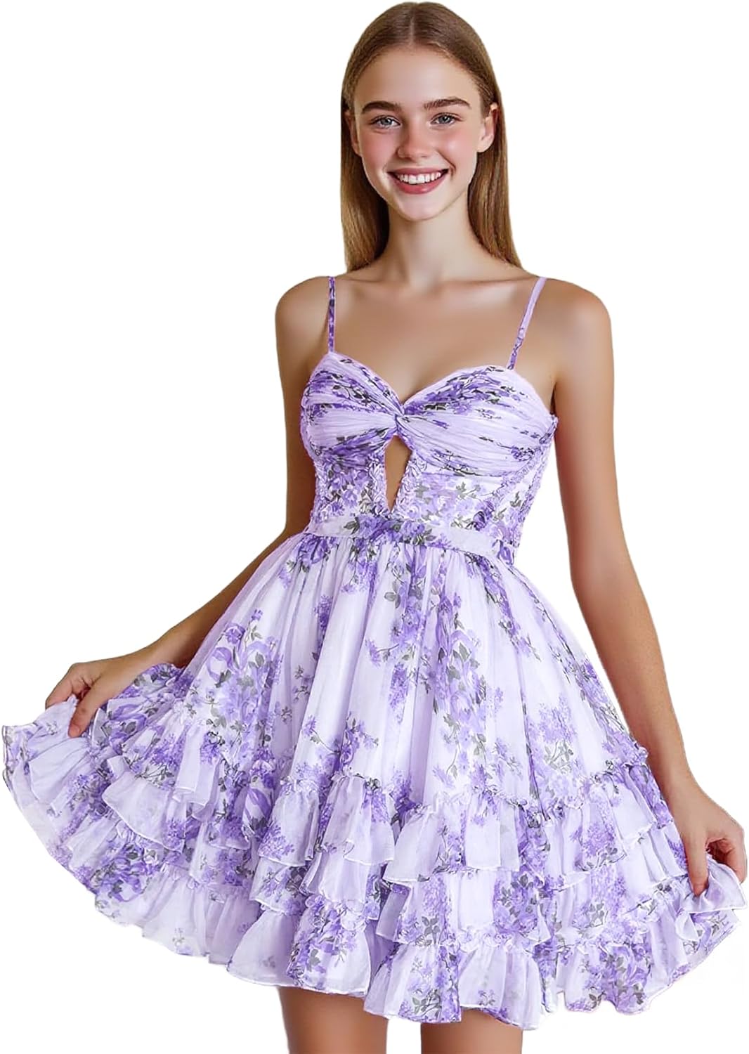 Spaghetti Straps Floral Homecoming Dresses for Teens Short A Line Tulle Prom Cocktail Party Dress
