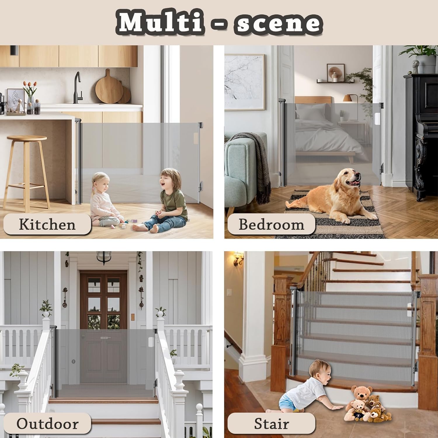 Retractable Baby Gates 55" Wide x 38" Tall Dog Gates for Doorways Extra Wide Mesh Pet Gate Double Locking Child Gate for Stairs, Indoor, Outdoor, Hallways (Gray)