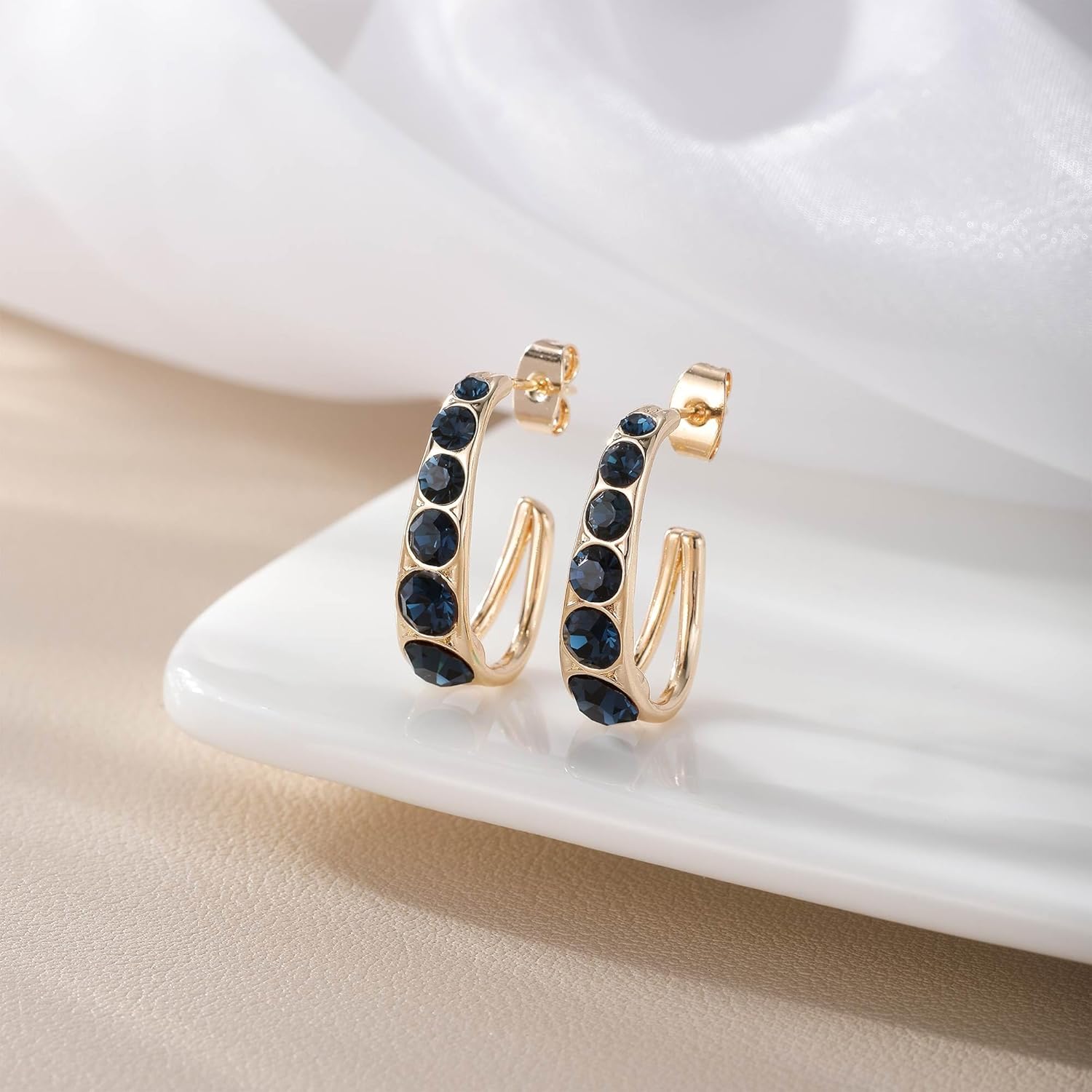 EVEVIC Austrian Crystal Open Half Hoop Chunky Gold Earrings for Women 14K Gold Plated Hypoallergenic Jewelry Gift - Image 3