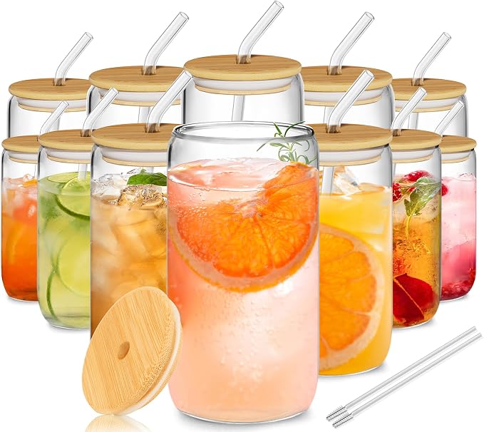 12 vasos de vidrio con tapas y popotes, juego de vasos con forma de lata de 16 onzas, taza de café helado, vasos de cerveza para jugo, refrescos, batidos, té Boba, whisky, cóctel, incluye 2 cepillos