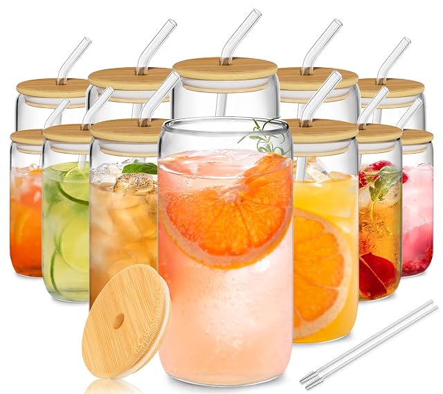 12Pcs Glass Cups with Lids and Straws - 16oz Can Shaped Drinking Glasses Set Iced Coffee Cup Beer