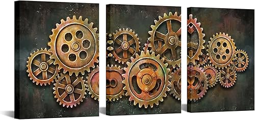iHAPPYWALL 3 piezas abstractas de rueda de engranaje lienzo arte de pared industrial steampunk mecánico imagen de trabajo en equipo, regalo para