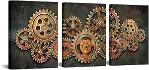 iHAPPYWALL 3 Pieces Abstract Gear Wheel Canvas Wall Art, Industrial Steampunk Mechanical Design, Ready to Hang, 16x12 inches each