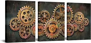 iHAPPYWALL 3 Pieces Abstract Gear Wheel Canvas Wall Art Industrial Steampunk Mechanical Picture Teamwork Gift for Bedroom Home Office Cafe Bar Decor Ready to Hang 16x12inchx3pcs