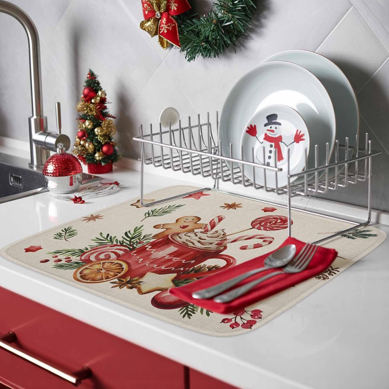 Vintage Pine Branch Gingerbread Dish Drying Mats for Kitchen Counter,Absorbent Microfiber Dish Drainer Rack Mat Cappuccino on Linen Drying Pad for Sinks,Utensils,Countertops,18x24in