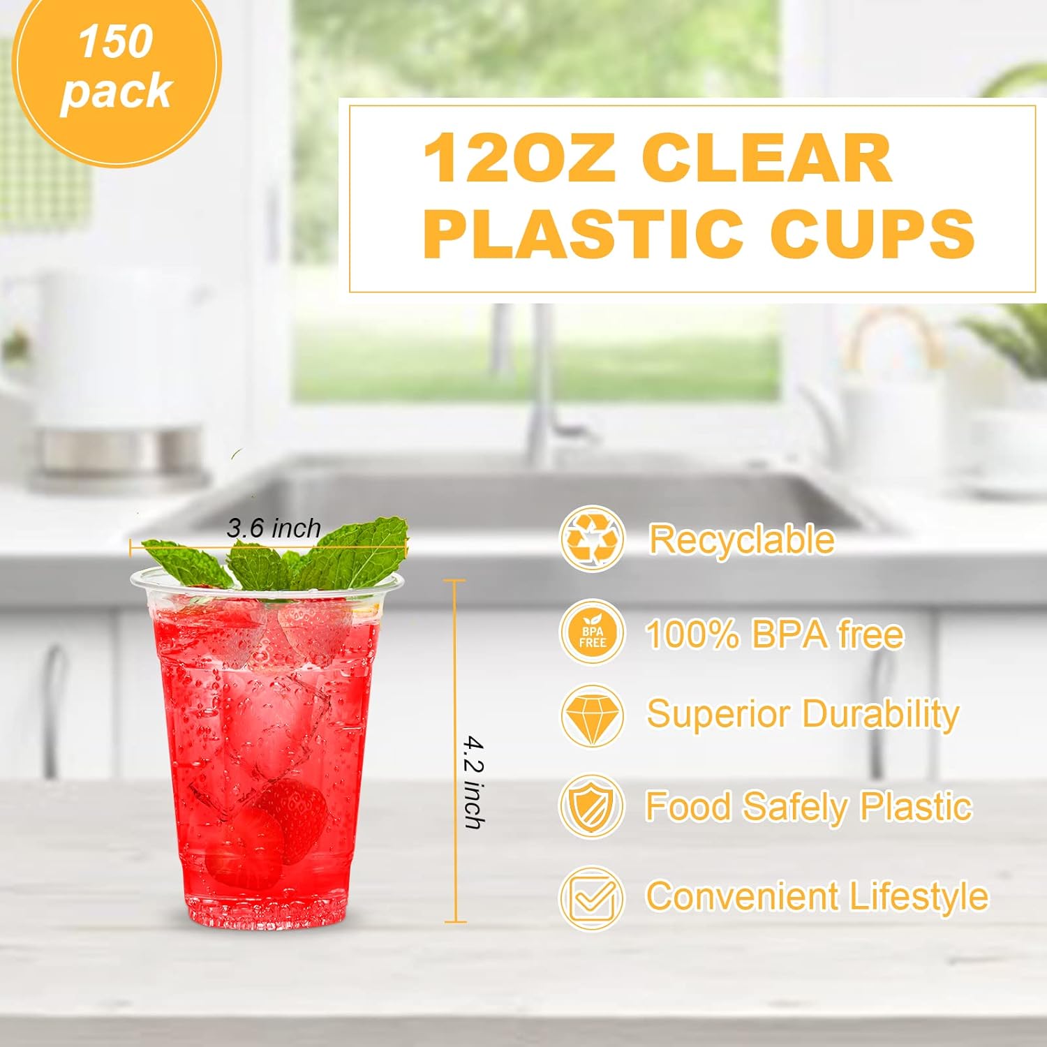 [ - 150 Cups Plastic Coffee Cups Clear, Disposable Cups for Tea,