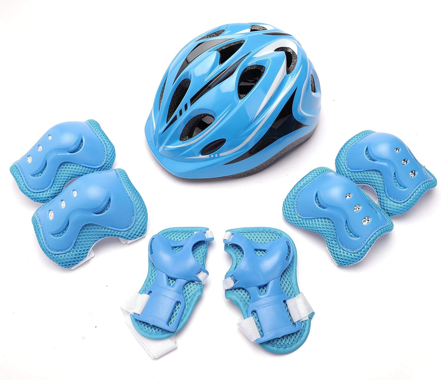 JERN 7 Pieces Kids Children Roller Skating Bicycle Cycling Scooter Helmet Knee Elbow Pad Wrist Guard Set (Blue)