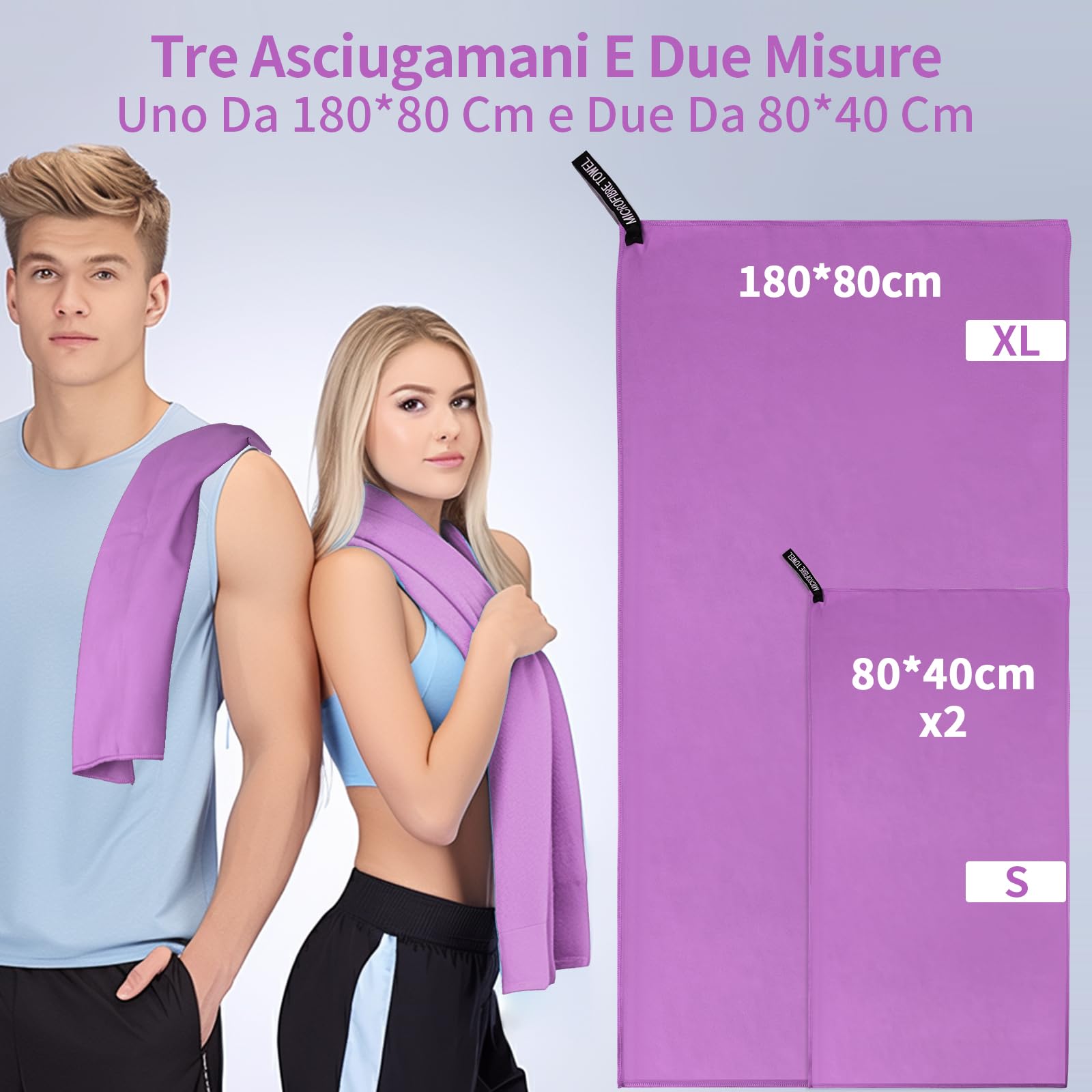 Pfloge® Asciugamano Microfibra Set di 3, 180x80cm Asciugamano Palestra Grande & 2 Pezzi 80x40cm Telo Mare Microfibra, Compatto & Ultraleggero, per Fitness, Sauna, Spiaggia, Viaggi(Viola)