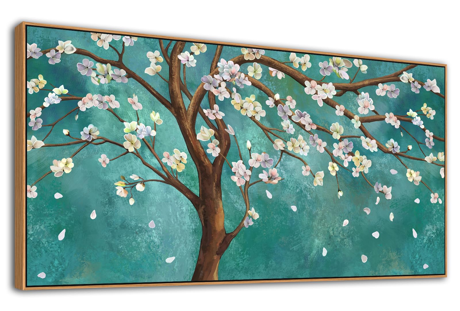 NINEASO Flowers Tree Framed Wall Art - Peach Blossom Canvas Pictures Elegant Floral Painting Flower Turquoise Green Background Printing Artwork Living Room Bedroom Home Office Wall Decor 20" x 40"