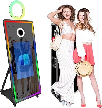 65" Magic Mirror Photo Booth with 32" Touch Screen, Portable Photo Booth with RGB Fill Light & Flight case for Weddings Parties Events Black, Photo Booth