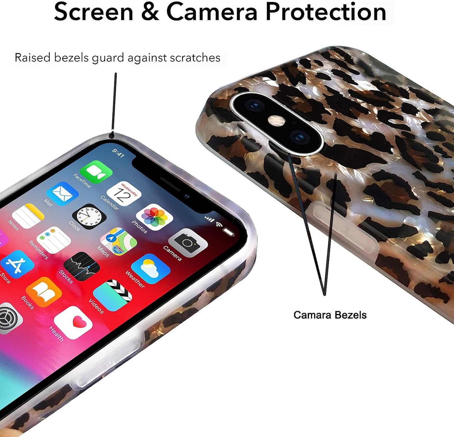 J.west Case Compatible with iPhone Xs Max 6.5-inch, Luxury Sparkle Translucent Clear Leopard Cheetah Print Pearly Design Soft Silicone Slim TPU Protective Phone Case Cover for Girls Women (Bling)