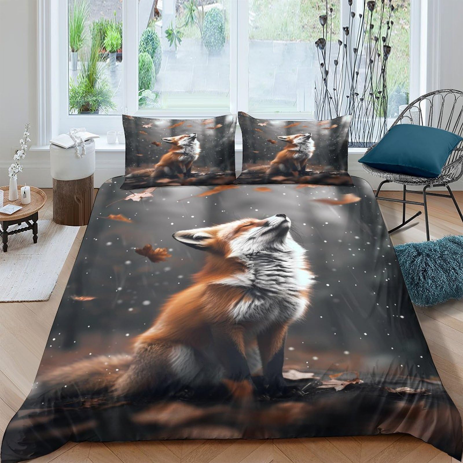 Ctjqhvkz Style-1 3D Printed Fox Forest Fitted Sheet Microfiber Soft Breathable Autumn Leaves Mattress Cover Bedroom Decor Single（135X200cm）