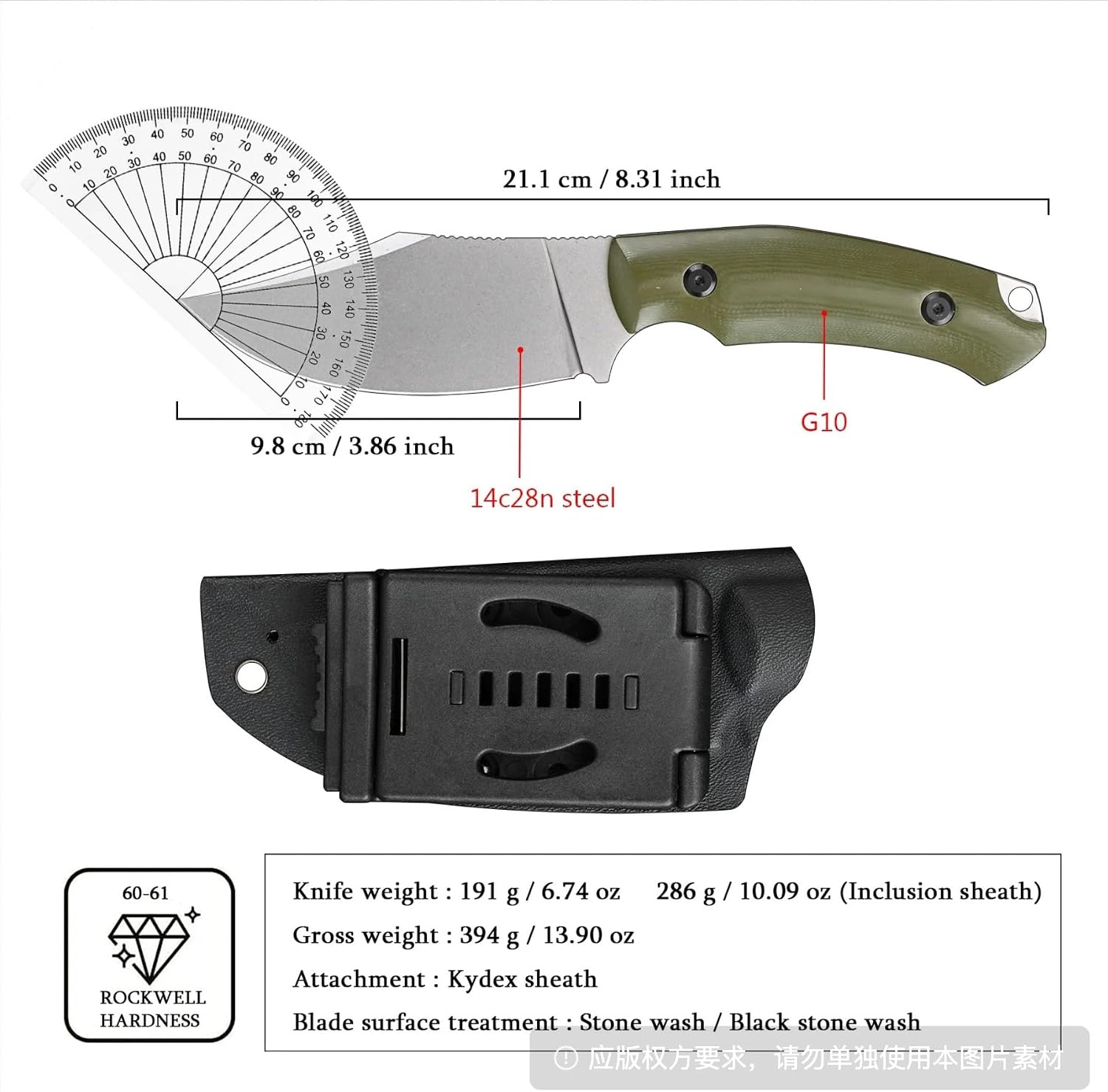 Knife, Camping Knives & Tools, 14C28N Steel, HRC 60-61, Fixed Blade, Hunting Knife with non-slip G10 Handle, Kydex Sheath, Full Tang Outdoor Knife for Bushcraft, Hiking Gear, Gifts for Men