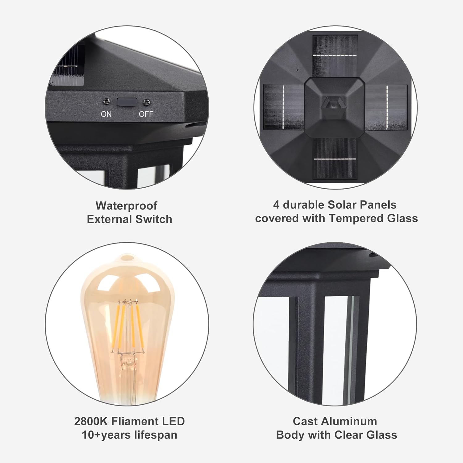 ST4322Q1 Solar Post Light Outdoor Waterproof Aluminum Solar Lamp Post Light 220LM Black for Lawn Yard Pathway Garden Entryways Driveway Balcony Post Decoration