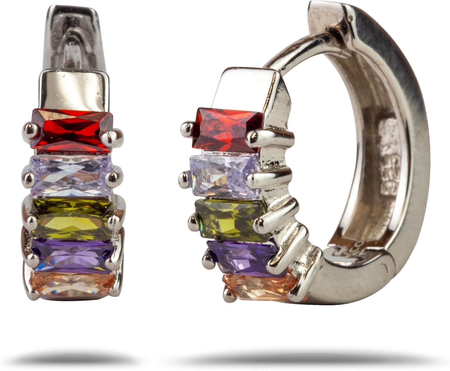 LaTisoro Sterling Silver Huggie Hoop Earrings with Cubic Zirconia – 15mm Multi-Color CZ Huggie Silver Stud Earrings