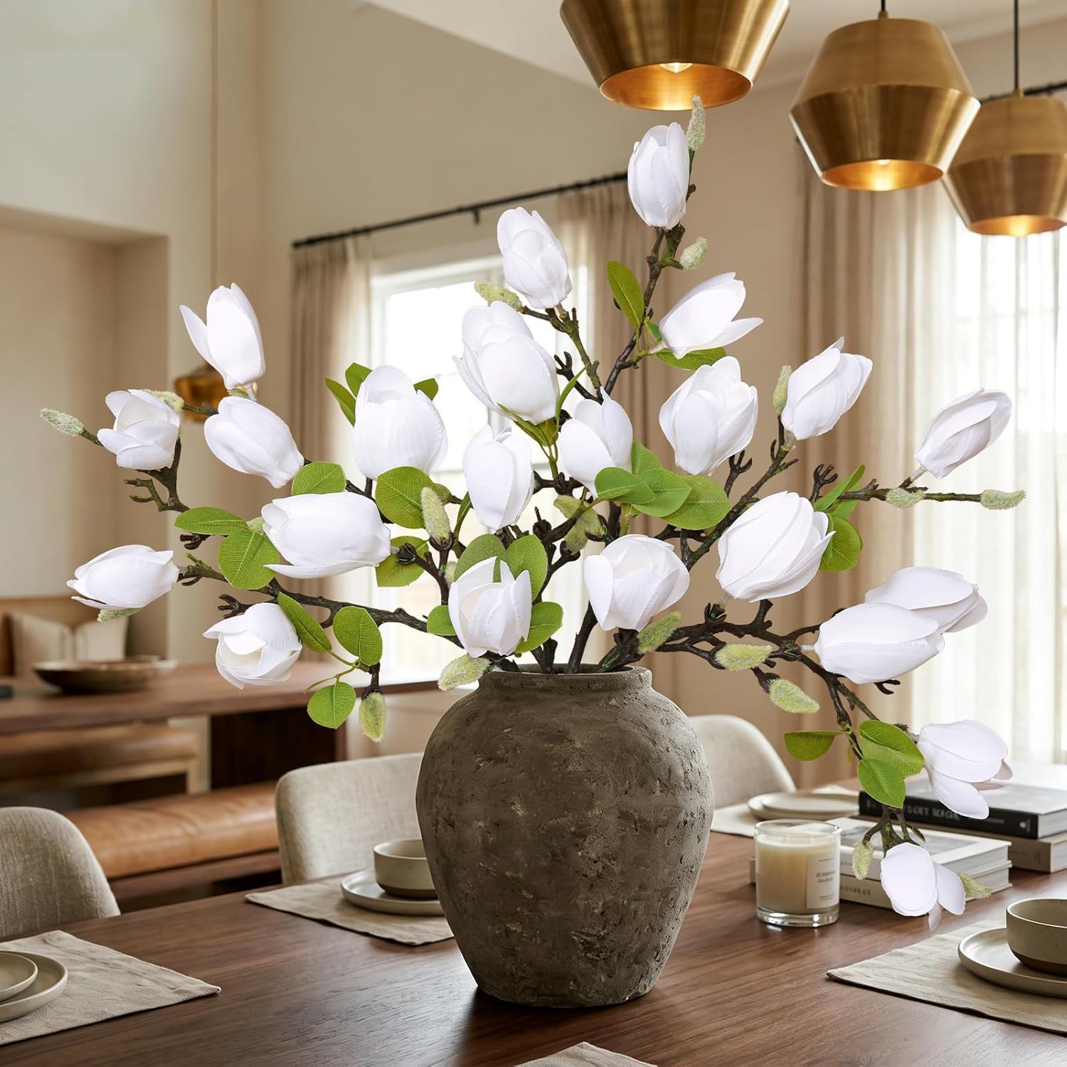 6PCS Artificial Magnolia Flowers Stems for Spring Decoration,26In Artificial White Fake Flowers with Buds Faux Long Stem Floral Arrangement for Vase Table Centerpiece Indoor Home Decor