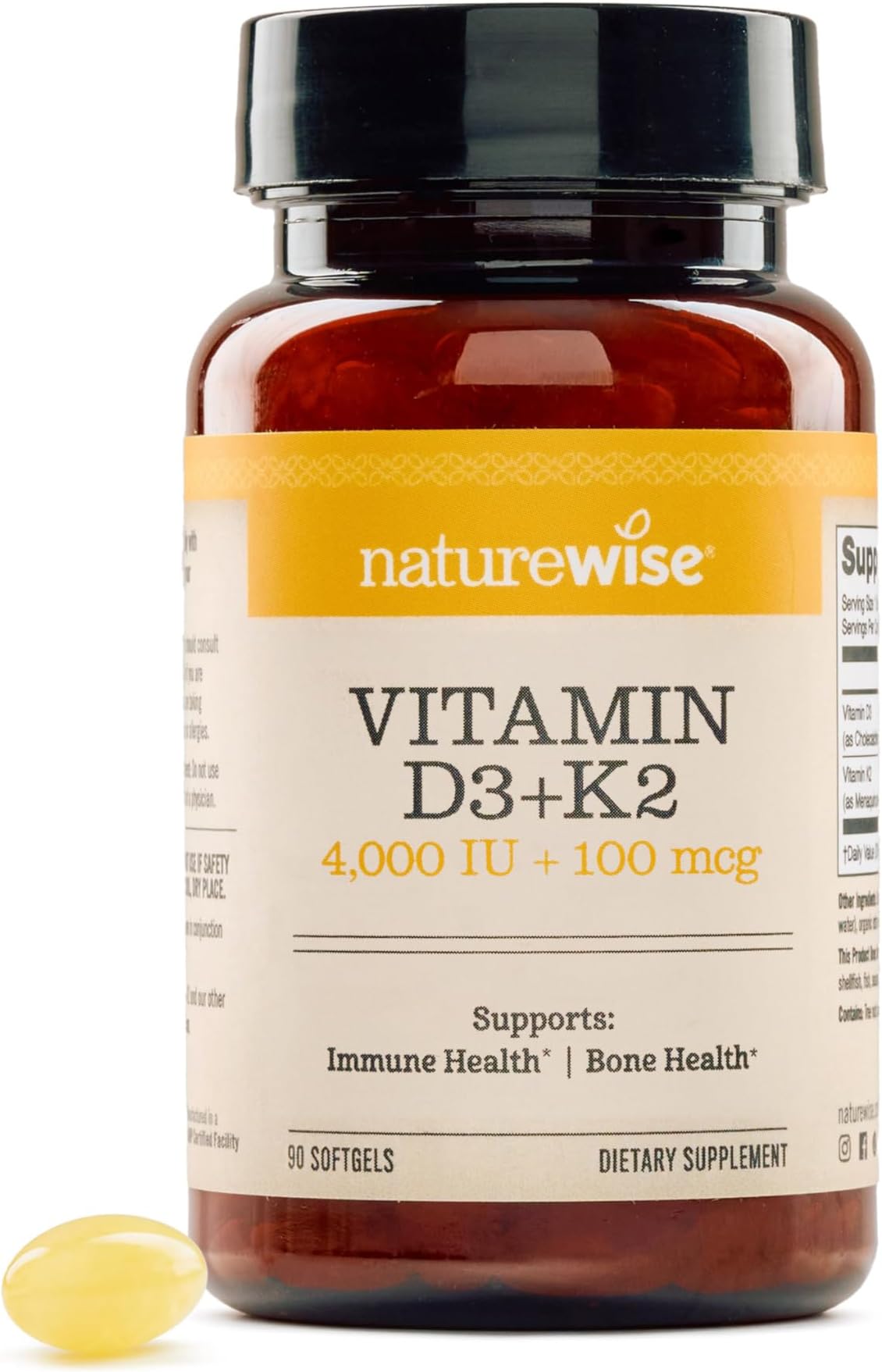 NatureWise Vitamin D3 4000IU + K2 (MK7) 100mcg with Organic Extra Virgin Coconut Oil - Supports Calcium Absorption, Bone & Immune Health - Non-GMO, Soy & Gluten-Free - 90 Softgels[3-Month Supply]