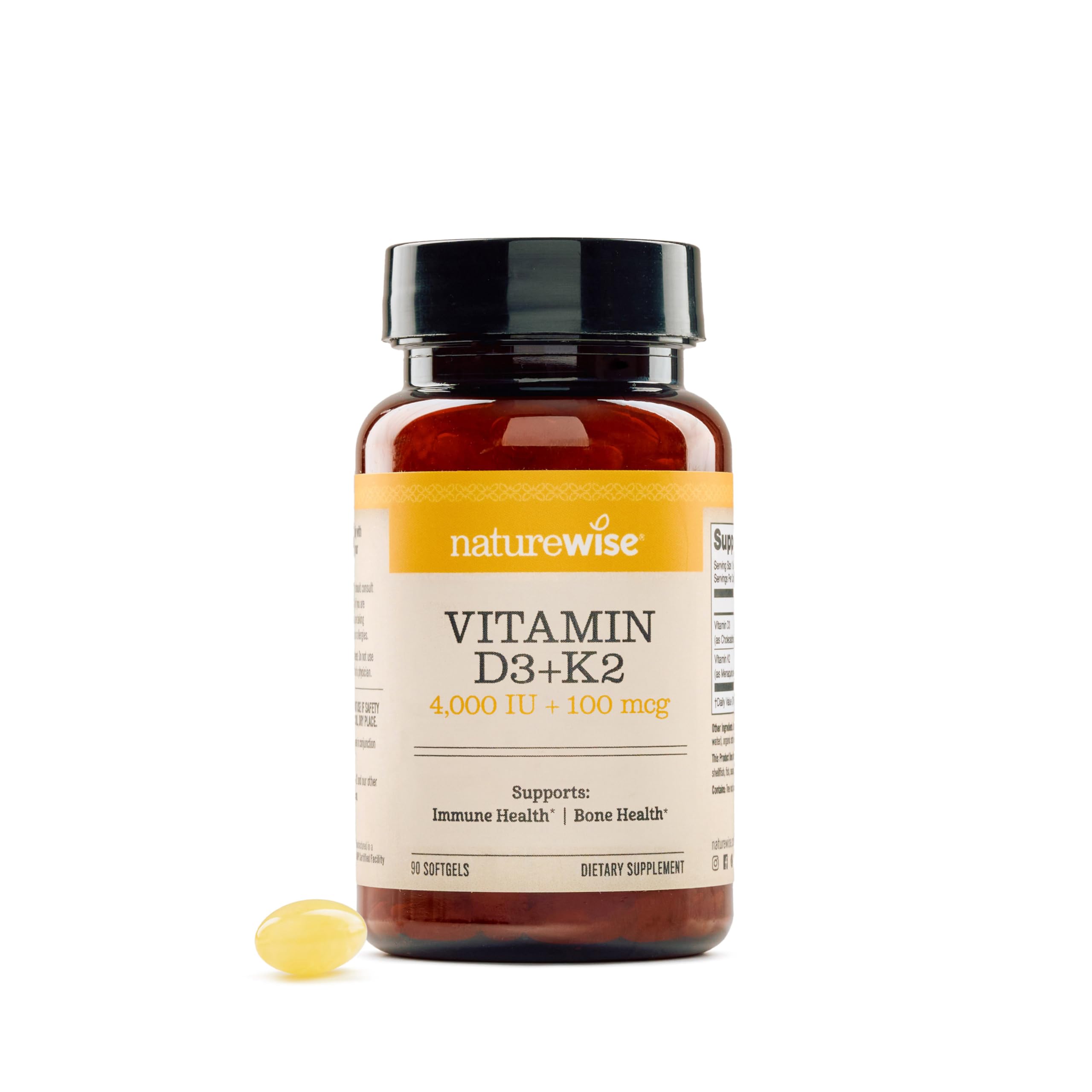 NatureWise Vitamin D3 4000IU + K2 (MK7) 100mcg with Organic Extra Virgin Coconut Oil - Supports Calcium Absorption, Bone & Immune Health - Non-GMO, Soy & Gluten-Free - 90 Softgels[3-Month Supply]