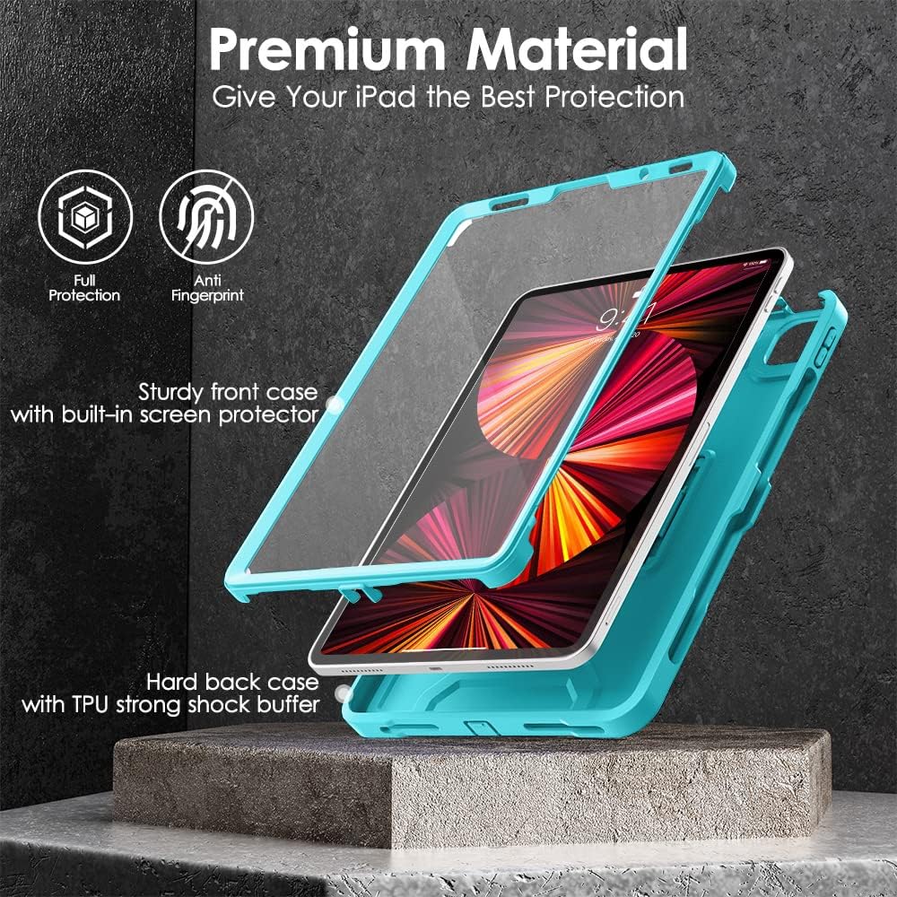 DTTO for iPad Pro 11 inch Case 2022(4th Gen)/2021(3rd Gen), [Screen Protector] Dual Layer Full Body Protection Cover with Pencil Holder, Also Fit iPad Pro 11'' 2020&2018/iPad Air 5/Air 4 - Cyan Blue