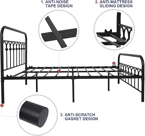 Miniatura 5 de TUSEER Marco de cama de metal tamaño completo con cabecera vintage y base de plataforma con estribo de hierro forjado (negro) Negro,Marrón