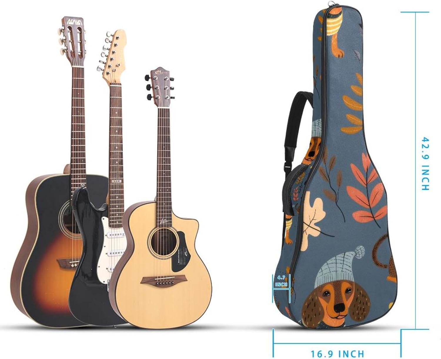 40 41 42 Inch Acoustic Guitar Bag, 0.4 In Thick Sponge Padded Guitar Case Gig Bag with Back Hanger Loop and 2 Pockets, Dachshund Dogs with Leaves