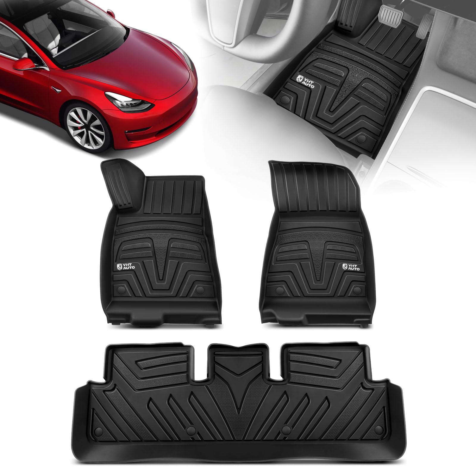 YHTAUTO Car Floor Mats for Tesla Model 3 2023 2022 2021, Custom Fit 1st & 2nd Row All Weather TPE Car Mats Carpet, Anti-Slip Waterproof Orderless, Automotive Front Rear Mats for Car, Set of 3