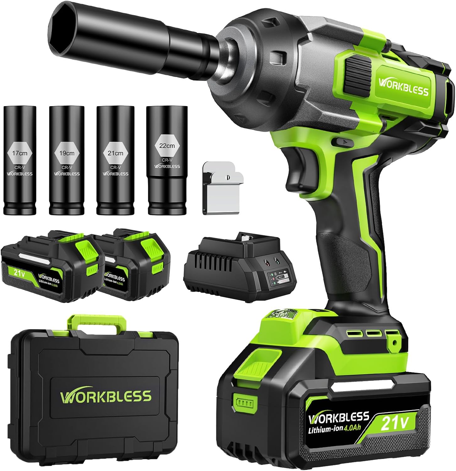 Cordless Impact Wrench 1/2 Inch, Max 1500Nm (1100Ft-lbs) Brushless High Torque Power Impact Gun with 4Ah Battery & Charger for Car Tire, Construction Work, Mower Lug Nut, 4 Sockets