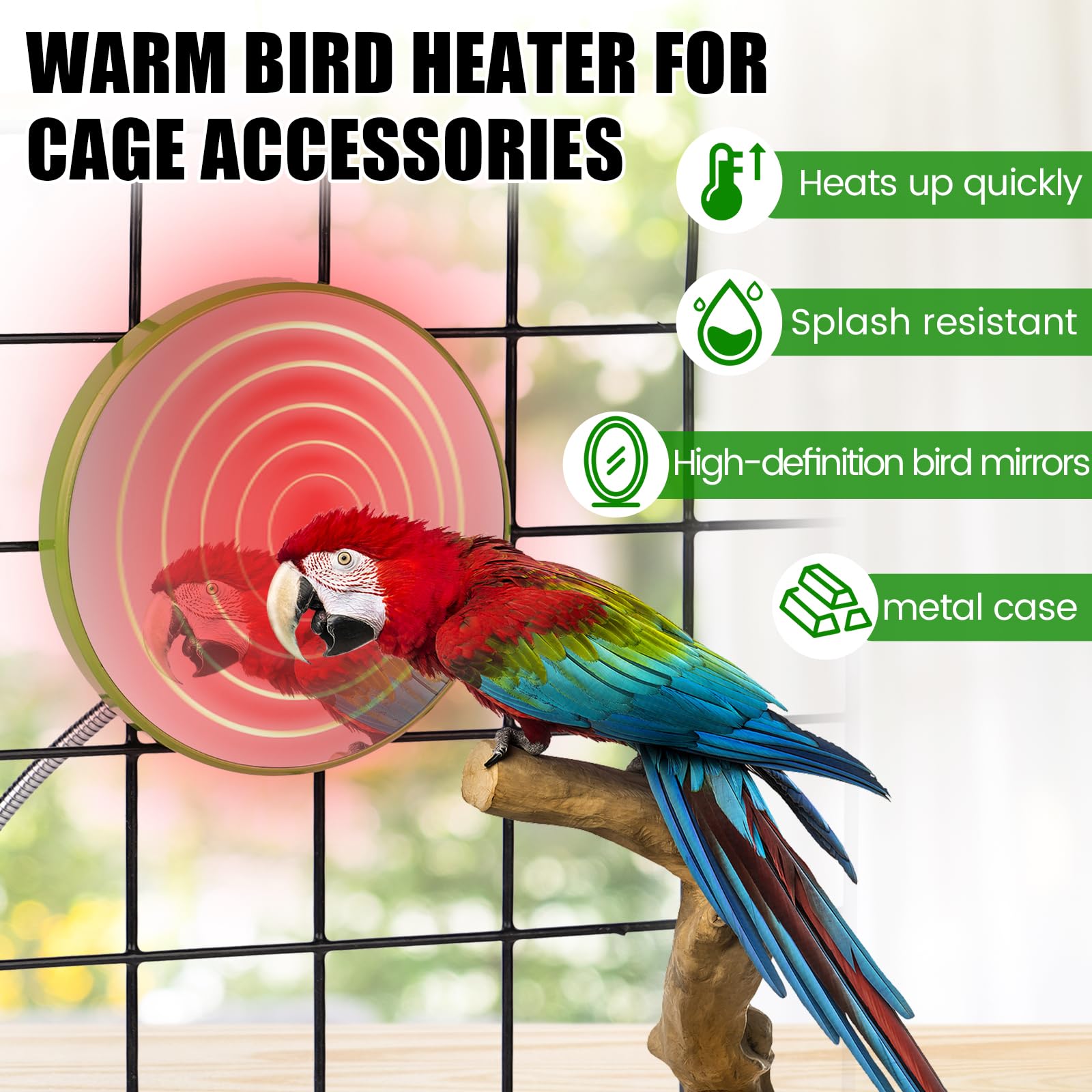 Riscaldatore Per Gabbia Per Uccelli Con Specchio, Riscaldamento Rapido Per Uccelli Da 18 W, Termostato Scaldapappagalli, Accessori Per Gabbie Per Uccelli Caldi Per Cacatua, Pappagalli, Verde