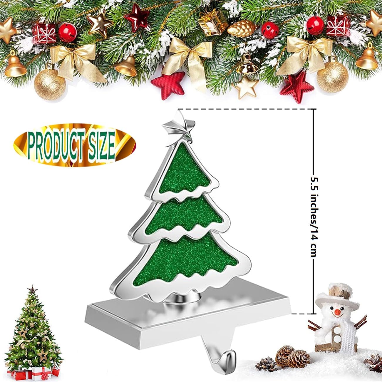 Christmas Tree Stocking Holders for Mantle, 2pcs Green Xmas Tree Stocking Hangers for Fireplace Weighted Stocking Hooks Non-Skid and Sturdy Alloy Stocking Holders for Holiday Mantelpiece Decor