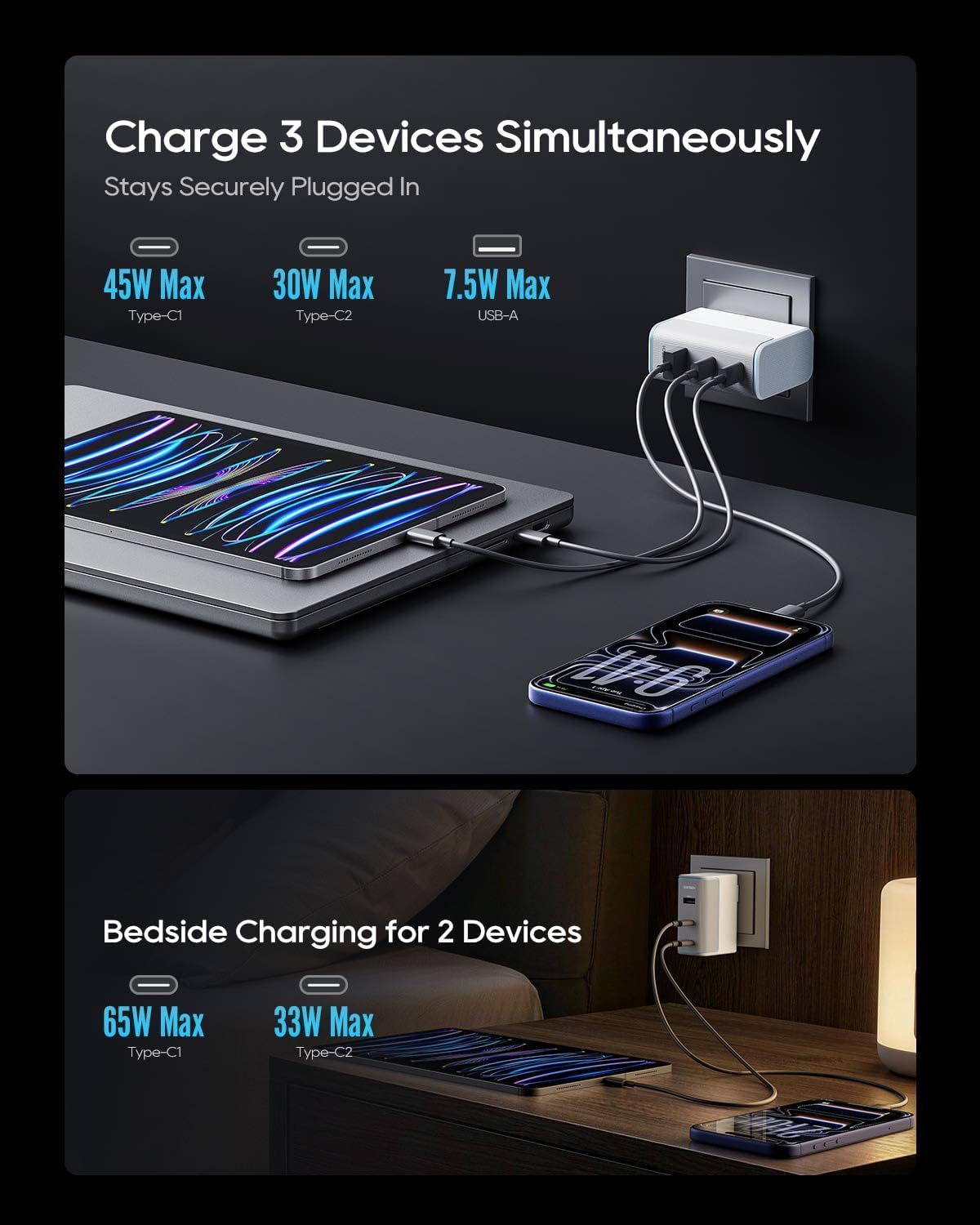 CUKTECH 100W GaN USB C Fast Charger, 3-Port Wall Charger, Compact Fast Charging Block, Foldable Power Adapter for MacBook Pro/Air, iPhone 17/16/15, Galaxy S24, Pixel, Steam Deck, with 240W Cable image 3