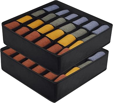 Drawer Organisers - 2 Pack, Foldable Dividers Wardrobe Closet Storage Box for Socks, Ties, Underwear Black