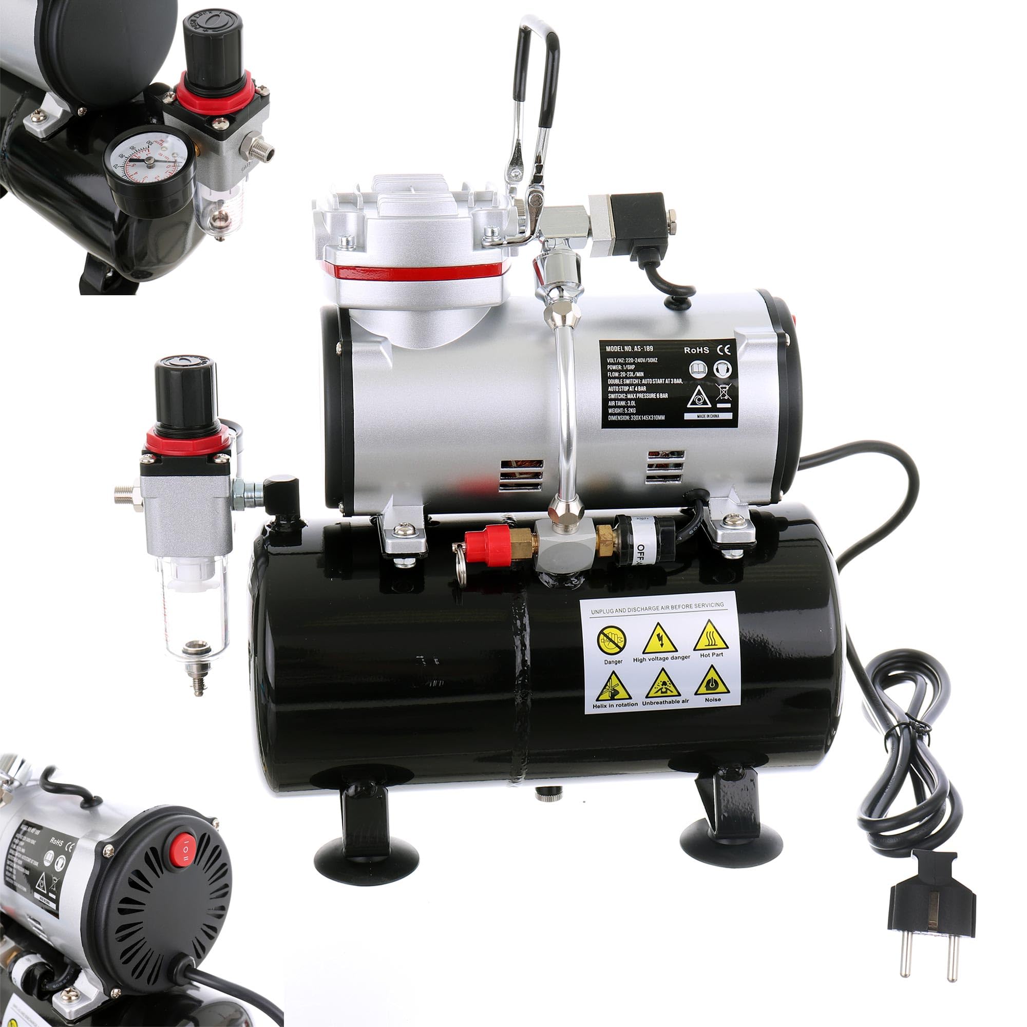 TC TECHNIC - Kompresor do aerografu - Air Compressor - do modelarstwa, z butlą o pojemności 3 l, gwintem 1/8", napięciem 230 V, przepływem 23 l/min, filtrem i regulatorem ciśnienia - AS-189