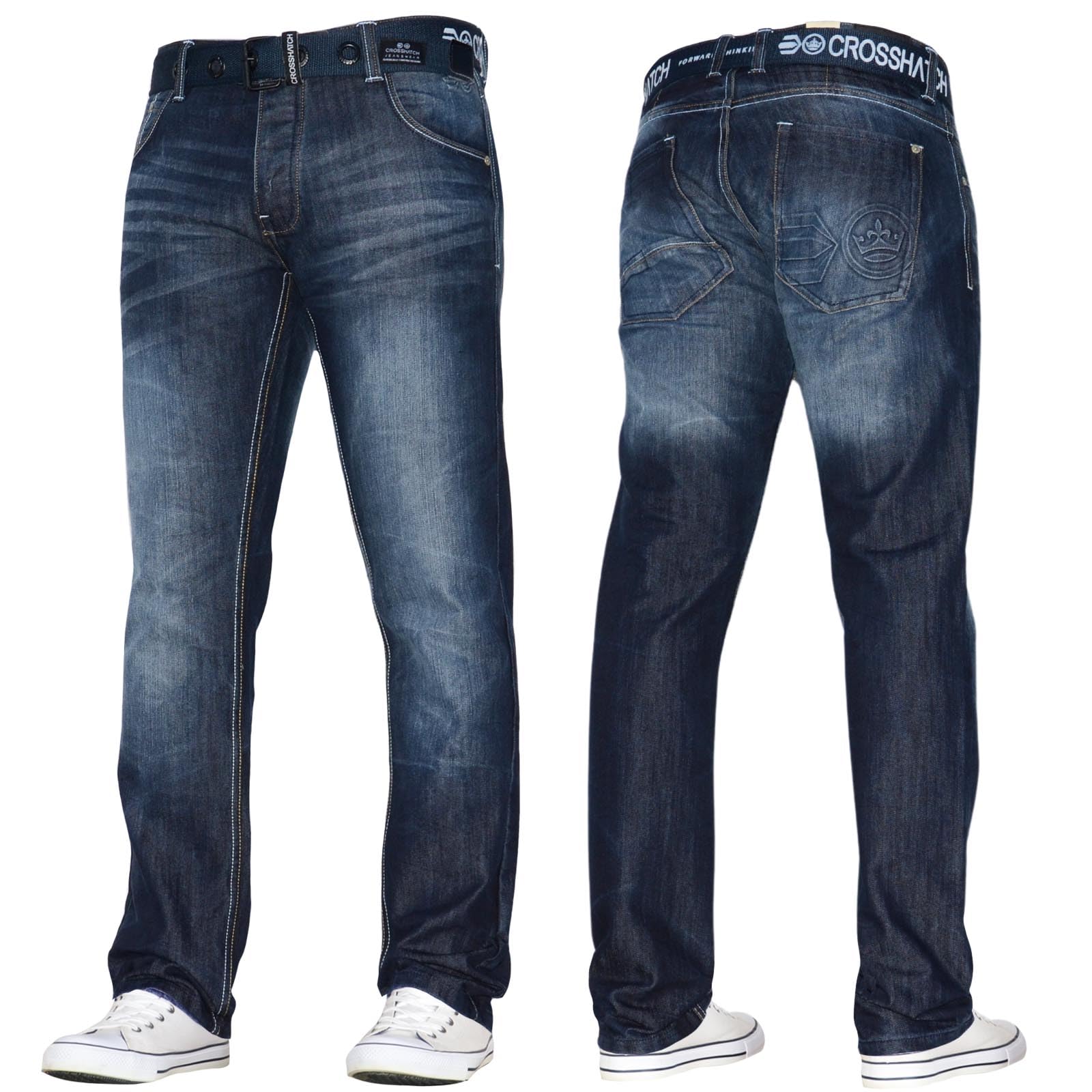 Crosshatch Men's Darkwash Stretch Straight Leg Jeans Trousers Free Belt Stylish Fashion Branded Denim By Jeanbase 32W X 30L