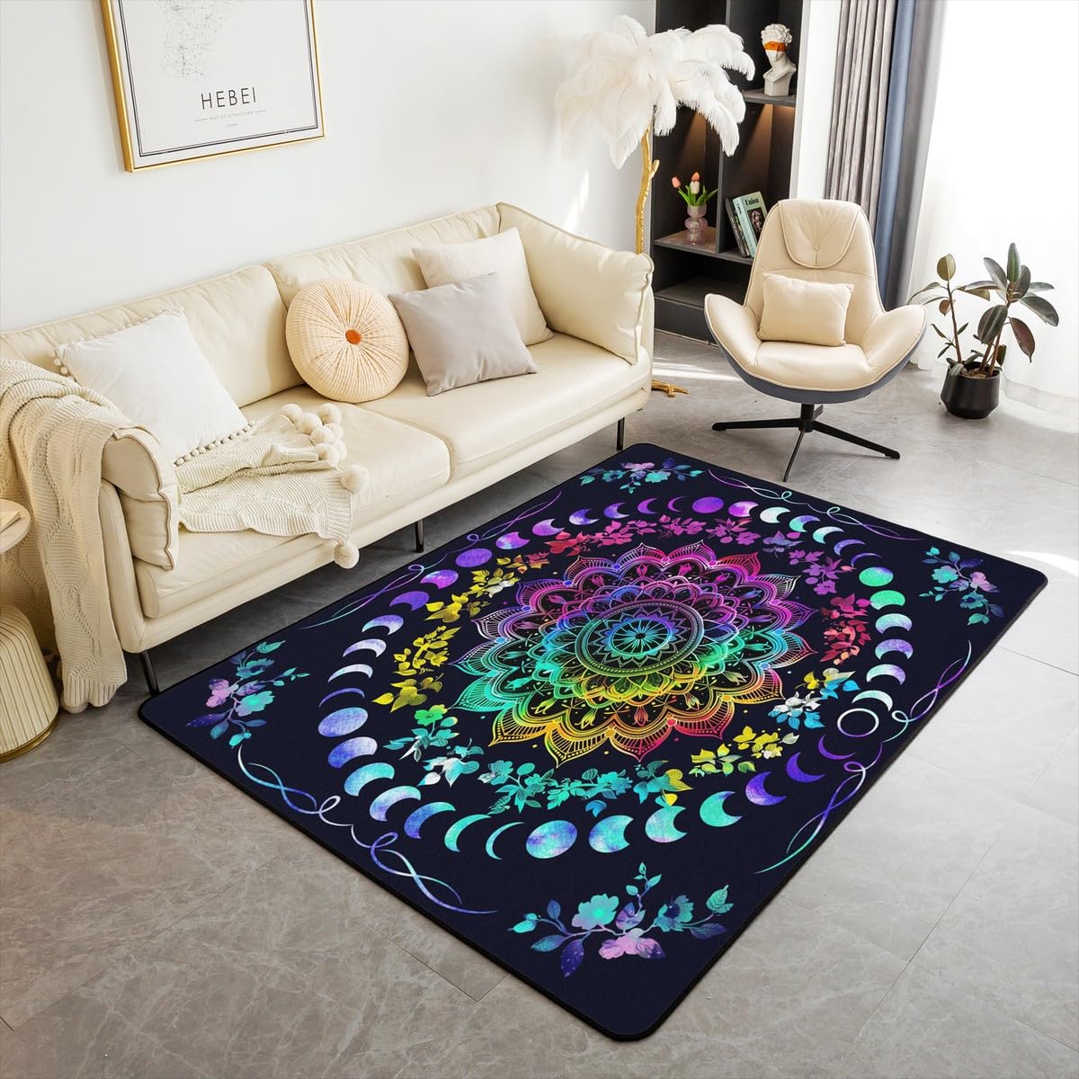 Erosebridal Sun Moon Area Rug for Youth Adult,Mandala Flower Carpet 5x7,Galaxy Watercolor Moon Phase Decorative Rug