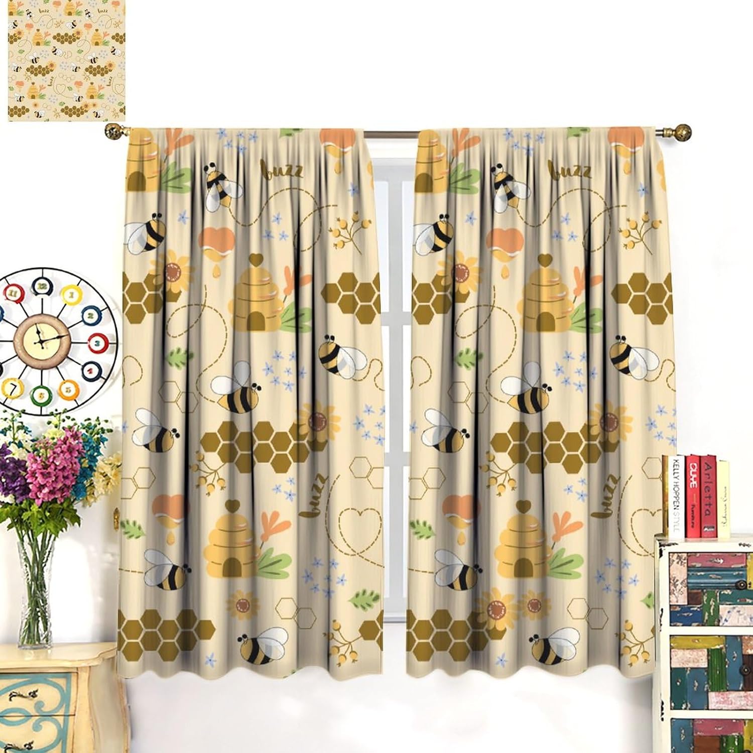 Bee Curtains Cartoon Cute Flying Bees Geometric Hexagonal Honeycomb Yellow Flower Colorful Art Print for Kids Boys Girls Bedroom Living Room Decor Rod Pocket Blackout Window Drape 72x63in